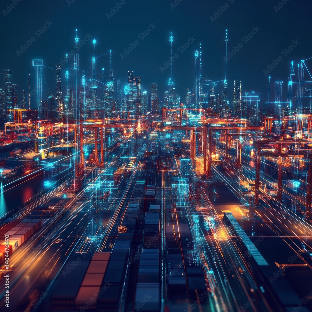 Poster a futuristic cityscape of a global port complex, interconnected by a network of digital lines and gl