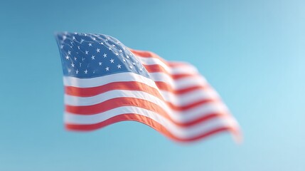 3d rendered image of waving usa flag captured as if floating mid-air with ample blue sky background offering generous