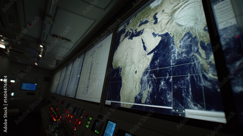 Poster monitor screen in a control room displaying real-time satellite imagery
