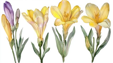 Obraz premium A delicate collection of watercolor Freesia blossoms, showcasing their graceful forms and vibrant hues Each flower is meticulously rendered with subtle gradations of color, capturing the ephemeral