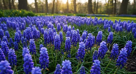 Fototapeta premium Golden Hour Muscari Bloom in a Spring Garden AI Generated