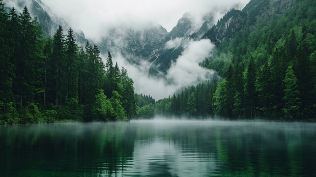 Serene mountain lake landscape with misty fog and lush green pine trees eco sky calm view wild cool