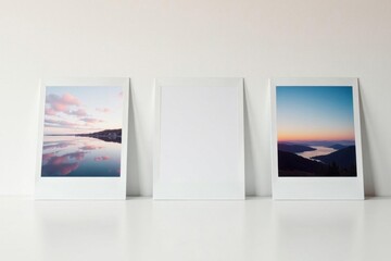 Blank white polaroid frames arranged in a line on a clean surface , aesthetic, collage