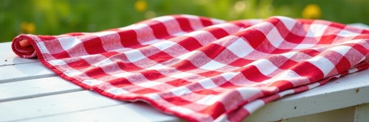 Fototapeta premium Vibrant red and white checkered picnic blanket on weathered white table, summer, gingham