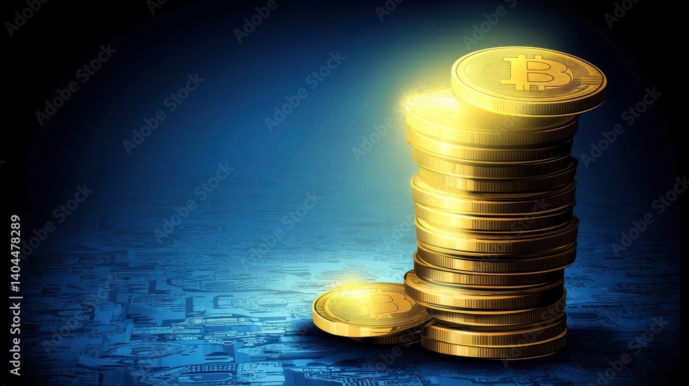 Poster stacked gold bitcoin coins shine bright on a digital background of cryptocurrency and blockchain tec