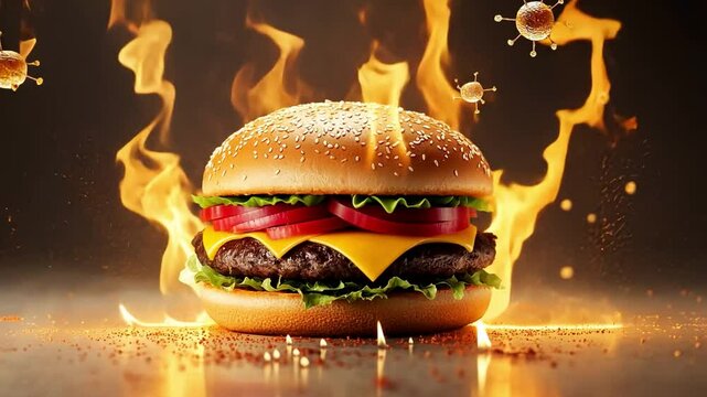 Burger's Inferno: A delectable, fully-loaded burger erupts in a fiery display, its ingredients ablaze, with eye-catching and dynamic presentation.