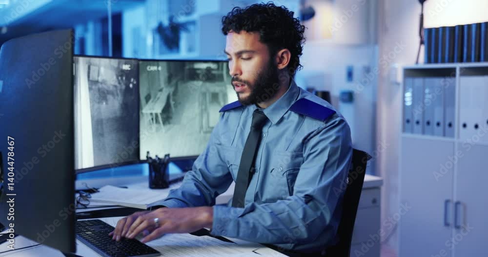 Poster security guard, typing and man with computer, office and service for safety with surveillance and sy