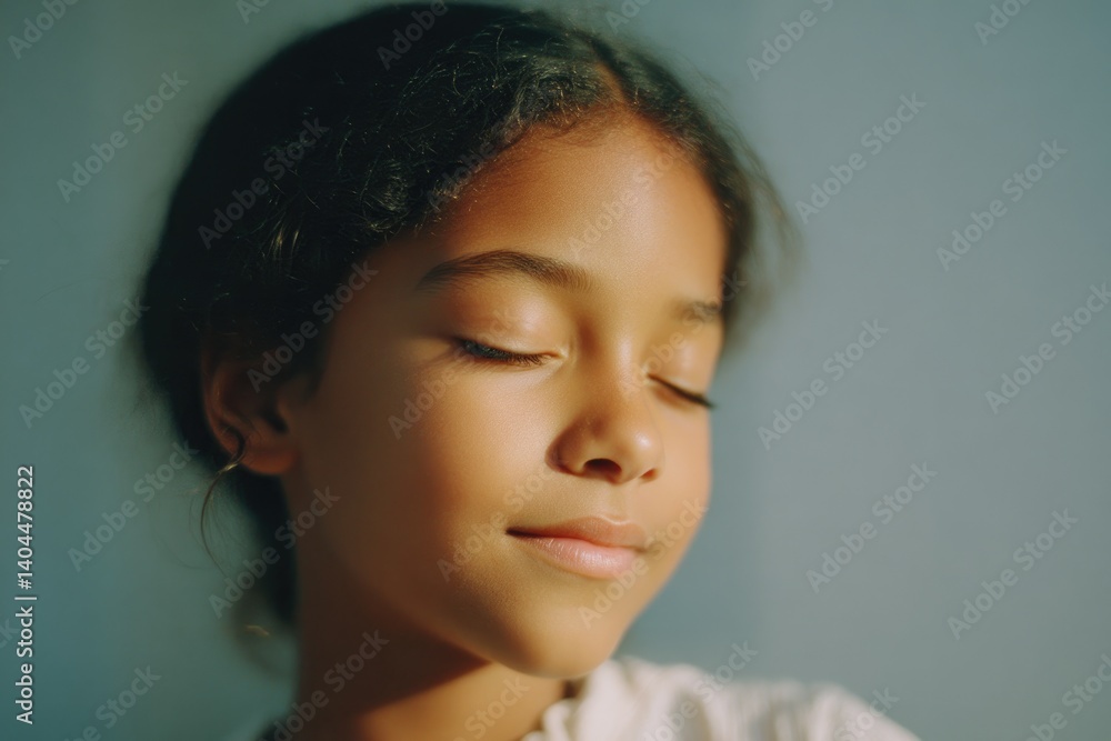 Poster child serene portrait with blurred background contemplative expression minimalistic composition