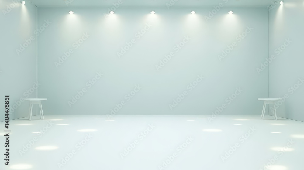 Poster minimalistic empty gallery space with white walls and floor featuring simple furniture and soft ligh
