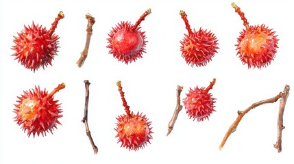A vibrant watercolor study showcasing the exotic rambutan fruit, each piece meticulously rendered with a painterly touch, capturing its spiky texture and rich hues The composition explores a range of