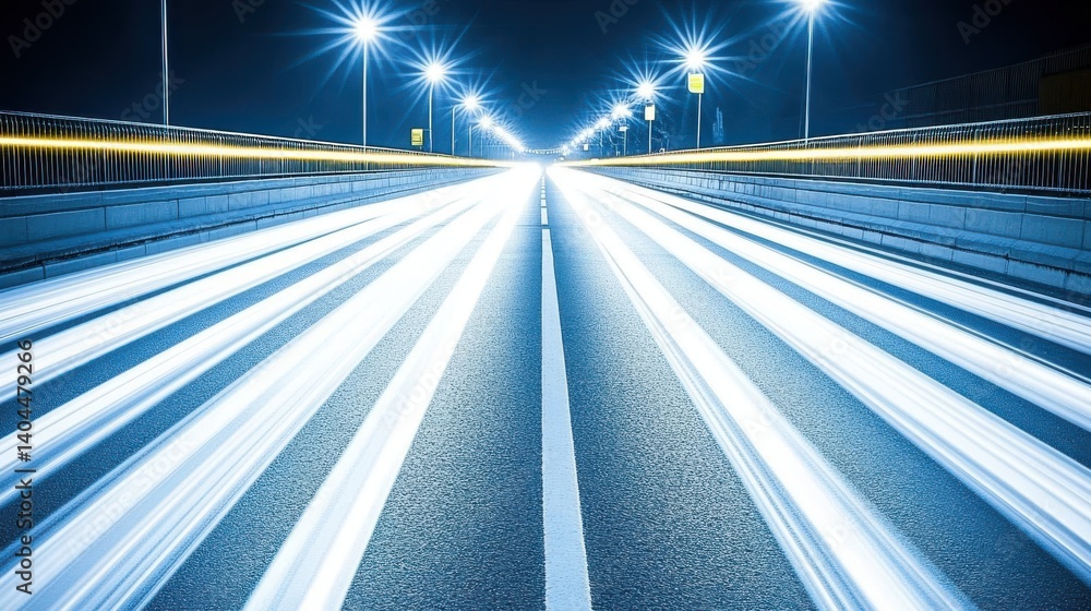 Poster nighttime highway with light trails showing speed and motion in a vibrant urban environment