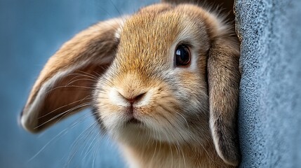 Adorable lop-eared rabbit peeking from a hole