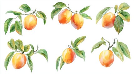 Fototapeta premium A watercolor painting depicts a delightful arrangement of mangoes, each rendered with meticulous detail and vibrant colors The mangoes, appearing ripe and luscious, are presented in various poses