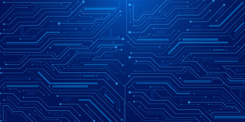 Abstract AI circuit board background. Technology connected blue lines with electronics elements on tech bg. Computer motherboard with a chip, processor, and semiconductor.