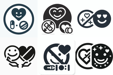 a smiling face icon with a heart symbol, next to a drug ban symbol.