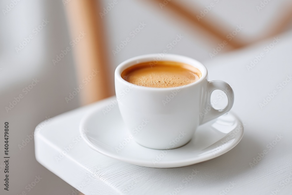 Aufkleber close-up of minimalistic cafe table setting with single steaming cup of coffee surrounded by clean l