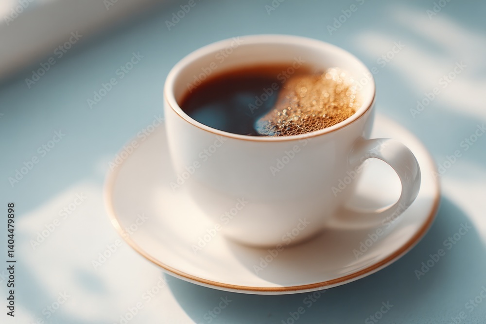 Aufkleber close-up of minimalistic cafe table setting with single steaming cup of coffee surrounded by clean l
