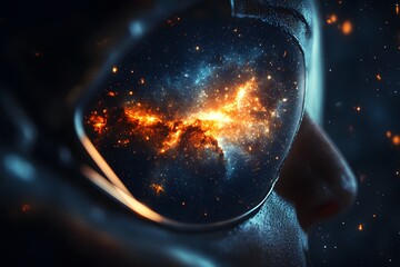 Realistic render of space helmet visor reflecting Earth and galaxy lights, symbolizing advanced space technology and human presence beyond Earth
