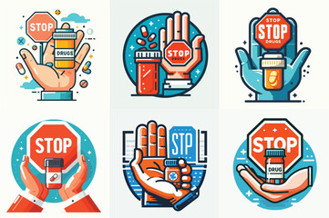 vector hand giving stop sign to pill bottle, with text 