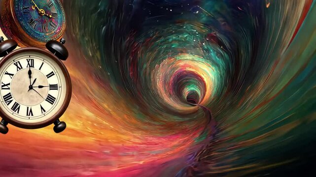 Hypnotic pathway leads to nothingness with a floating clock in a cosmic swirl, Hypnotic pathway into nothingness, with a floating clock and a swirl of captivating colors