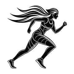 Fototapeta premium Black and White Silhouette of Female Athlete in Dynamic Running Pose with Flowing Hair and Powerful Stride in Minimalist Vector Style