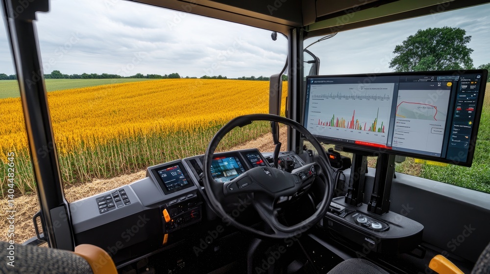 Poster monitor with smart farming dashboard showing crop health and soil moisture data