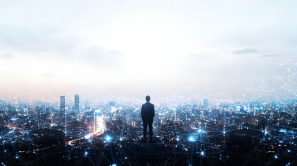 Silhouette Of A Man Looking At A Lit Up City At Night With High Angle Perspective