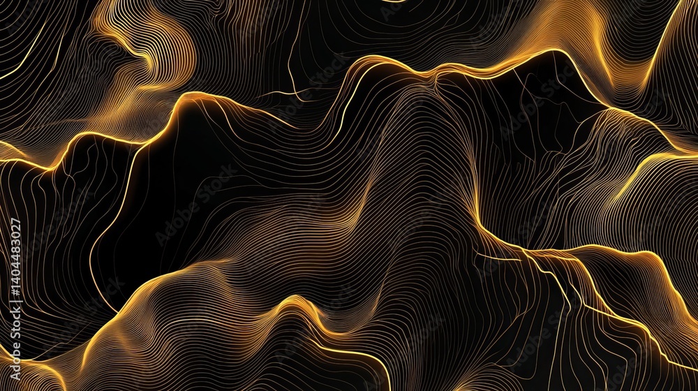 Poster Abstract golden lines dark background elegant wave pattern design texture art flow curve style black