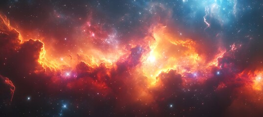 Naklejka premium Colorful deep space nebula with stars and galaxies captured in astrophotography, symbolizing cosmic exploration, astronomy, and the beauty of the universe 