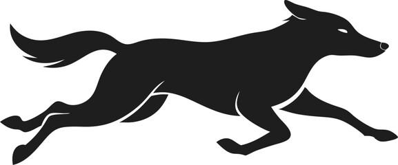 Black silhouette of a running dog in vector style, symbolizing motion, agility, and energy on a clean background.