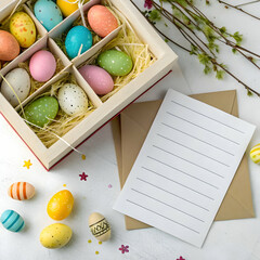 colourful eggs for easter day celebrations with  gift boxes and blank note