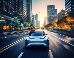 Fototapeta premium A self-driving electric vehicle navigating through city streets, equipped with advanced sensors and cameras, with an interactive dashboard inside. Realistic urban environment with clear signage and di