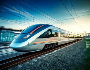 Fototapeta premium A high-speed train running on a smart rail system, with digital ticketing stations, automated train schedules, and energy-efficient design. The train is equipped with sensors and cameras for safe trav
