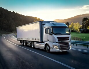 A modern freight truck with AI-assisted driver assistance systems, cargo management via tablet, and real-time monitoring of truck conditions. A realistic highway scene with clean, operational, and adv