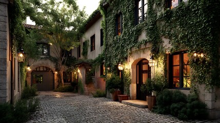 Fototapeta premium Charming European Courtyard at Dusk with Ivy Covered Buildings and Cobblestone Path
