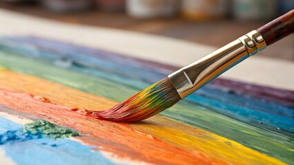 Obraz premium Detailed shot of a paintbrush in motion, applying vibrant colors to a canvas. Ideal for creative process showcases, art education materials, and artistic expression themes.