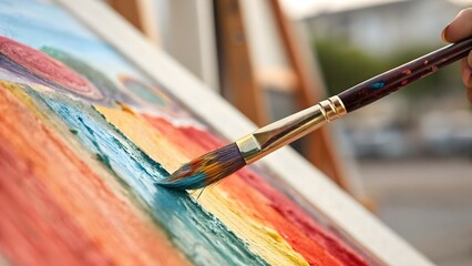 Fototapeta premium Detailed shot of a paintbrush in motion, applying vibrant colors to a canvas. Ideal for creative process showcases, art education materials, and artistic expression themes.