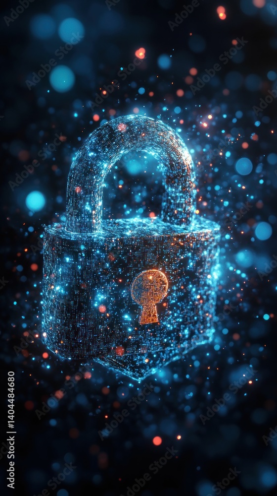 Aufkleber digital fortress: a cyber security visualization with abstract padlock and glowing particles