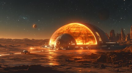 Futuristic Mars base with humans, rovers, and technology, visualizing space exploration, planetary settlement, and the future of human life on Mars
