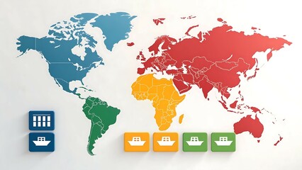 International Commerce Tax Impact concept, Colorful world map with regions marked in different colors and shipping icons below.
