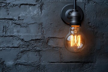 Glowing filament bulb mounted on dark, textured brick wall provides warm ambient light