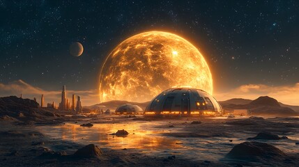 Obraz premium Futuristic Mars base with humans, rovers, and technology, visualizing space exploration, planetary settlement, and the future of human life on Mars 