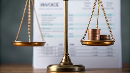 International Commerce Tax Impact concept, A balance scale with coins on one side and an invoice in the background symbolizes financial assessment.
