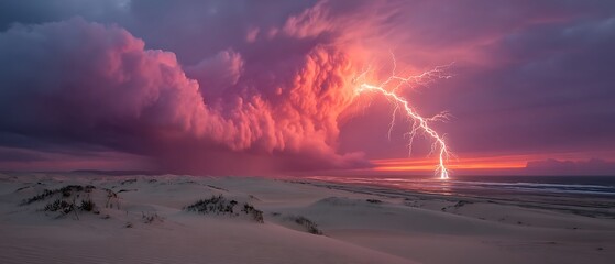 Dramatic Lightning Over Coastal Dunes.