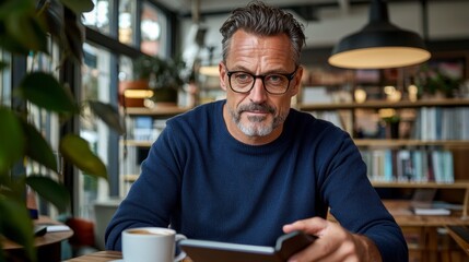 Fototapeta premium In a modern co-working setting, a dedicated male physician engages in a remote medical consultation via a sleek tablet His attire, a casual yet professional navy-blue sweater, mirrors the relaxed