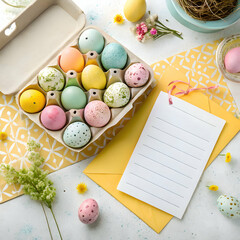 colourful eggs for easter day celebrations with  gift boxes and blank note
