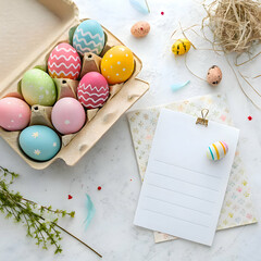 colourful eggs for easter day celebrations with  gift boxes and blank note