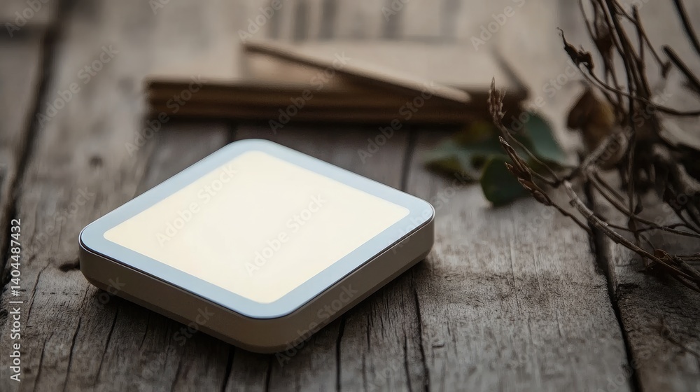 Poster tiny e-ink display gadget for to-do lists resting beside stationery items