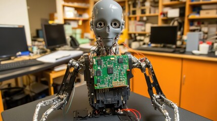 Fototapeta premium Tiny programmable robot with circuit board exposed, placed on a tech bench