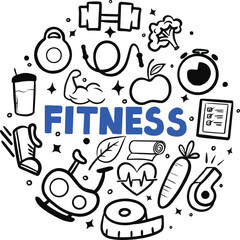 hand drawn vector illustration of a set of icons, Doodle Health And Fitness Icons, Hand drawn set of fitness doodles 